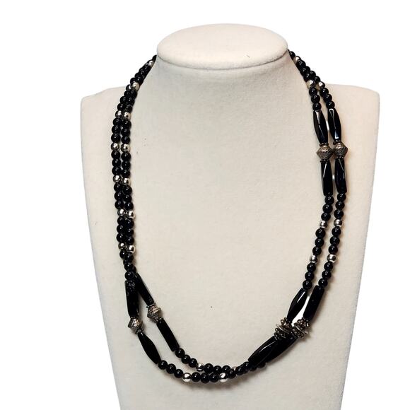 Double Strand Black Beaded Necklace 14" - Picture 1 of 4